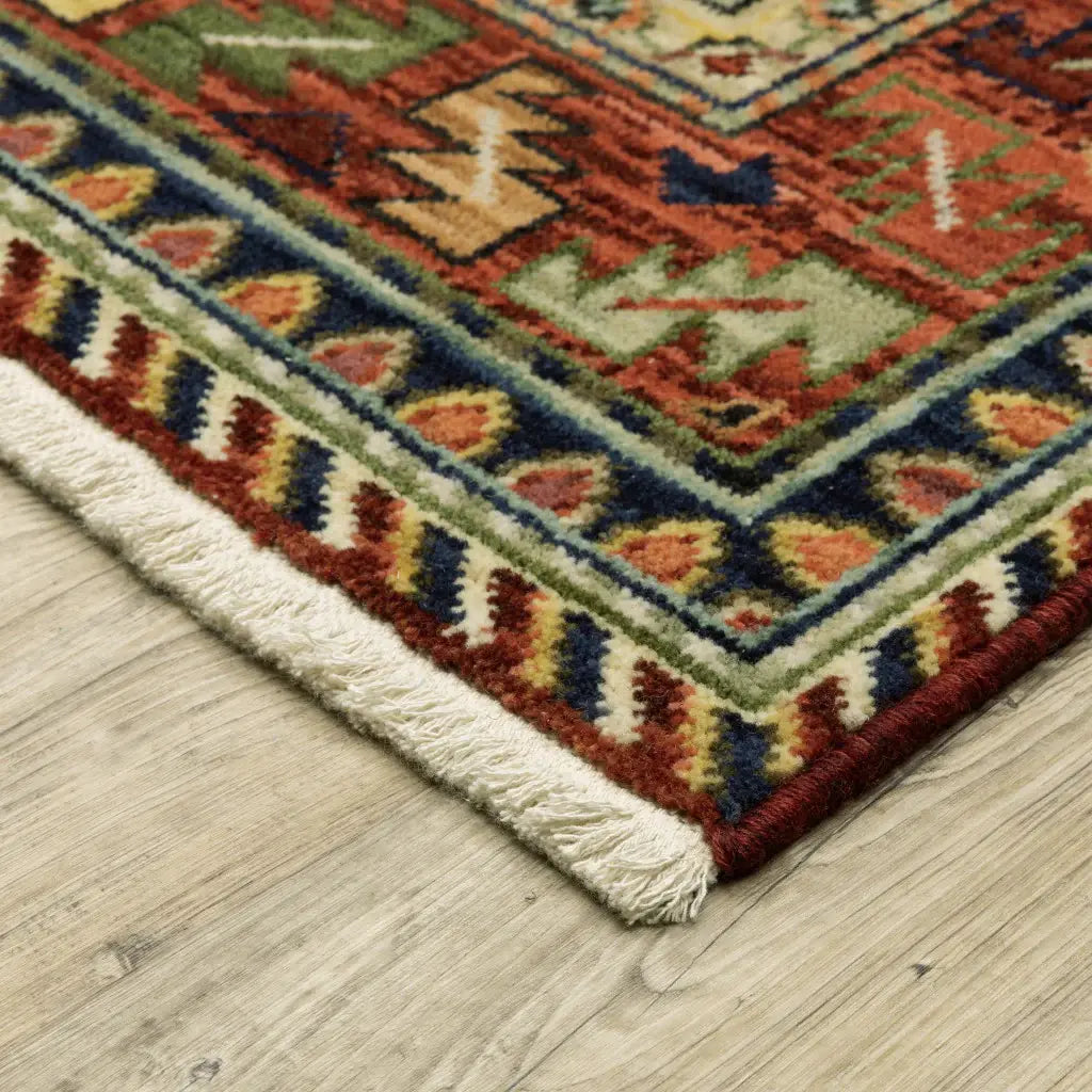 10' X 13' Brick Red Orange Rust Beige Gold Pale Blue Olive Navy And Black Oriental Power Loom Stain Resistant Area Rug With Fringe - Homeroots - Flyclothing LLC