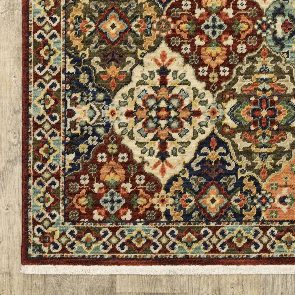 2' X 3' Red Rust Navy Light Blue Brown Orange Ivory And Gold Oriental Power Loom Stain Resistant Area Rug With Fringe - Homeroots - Flyclothing LLC