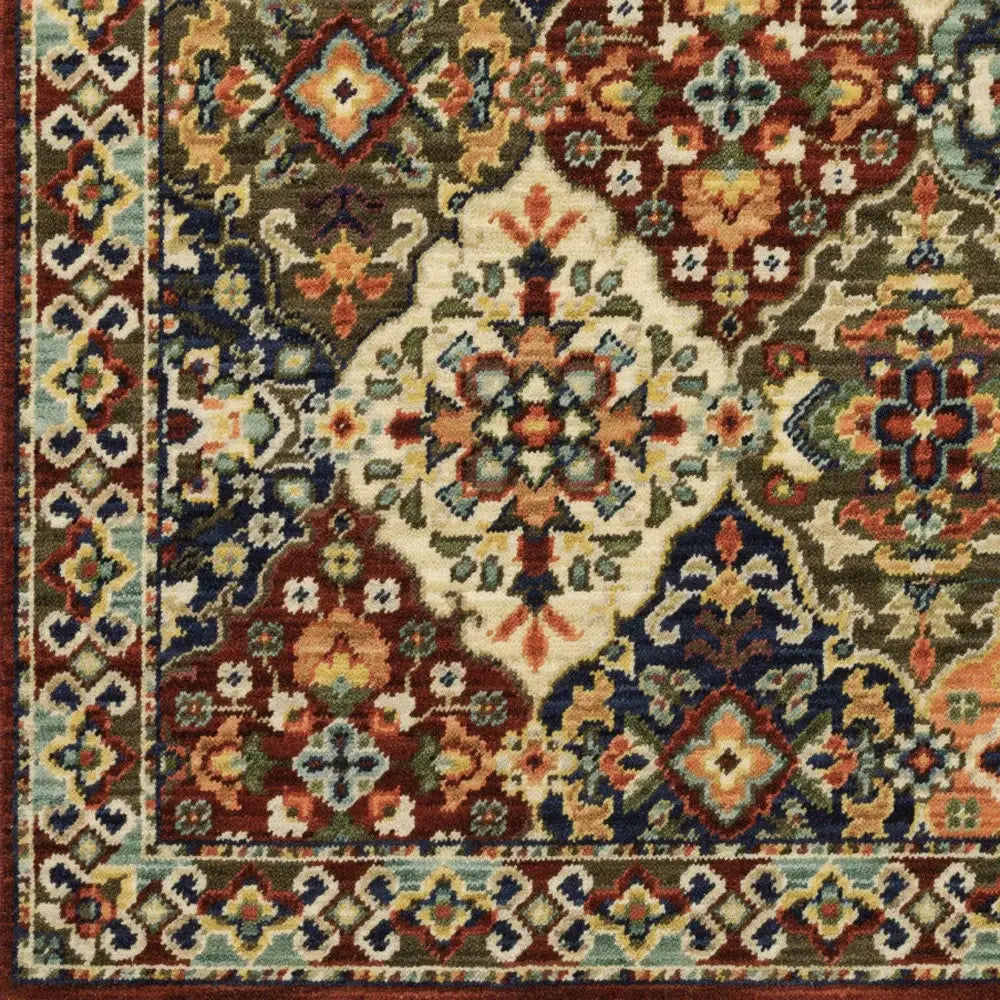 2' X 6' Red Rust Navy Light Blue Brown Orange Ivory And Gold Oriental Power Loom Stain Resistant Runner Rug With Fringe - Homeroots - Flyclothing LLC