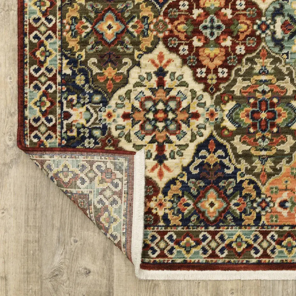 2' X 6' Red Rust Navy Light Blue Brown Orange Ivory And Gold Oriental Power Loom Stain Resistant Runner Rug With Fringe - Homeroots - Flyclothing LLC