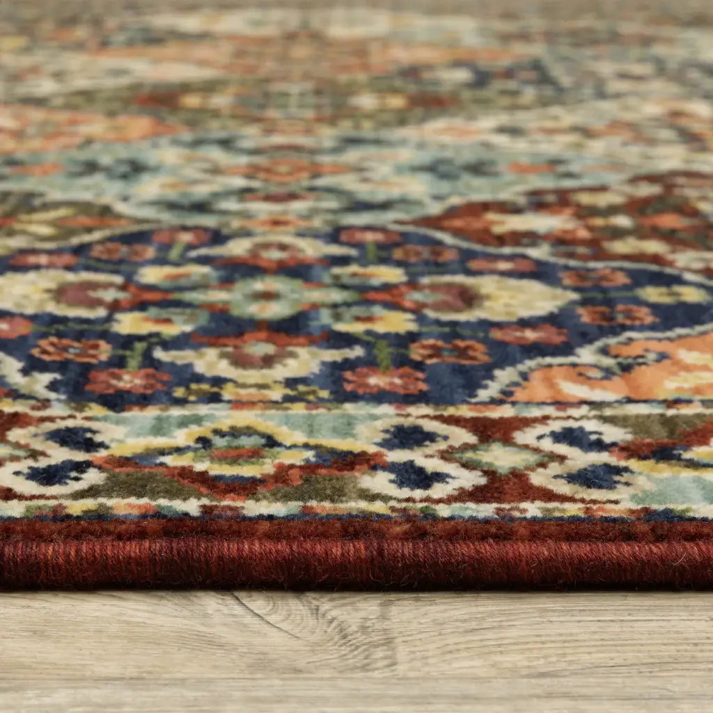 2' X 6' Red Rust Navy Light Blue Brown Orange Ivory And Gold Oriental Power Loom Stain Resistant Runner Rug With Fringe - Homeroots - Flyclothing LLC