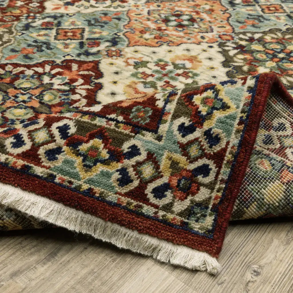 2' X 6' Red Rust Navy Light Blue Brown Orange Ivory And Gold Oriental Power Loom Stain Resistant Runner Rug With Fringe - Homeroots - Flyclothing LLC