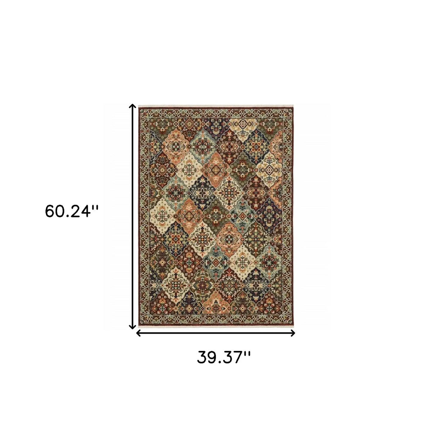 3' X 5' Red Rust Navy Light Blue Brown Orange Ivory And Gold Oriental Power Loom Stain Resistant Area Rug With Fringe - Homeroots - Flyclothing LLC