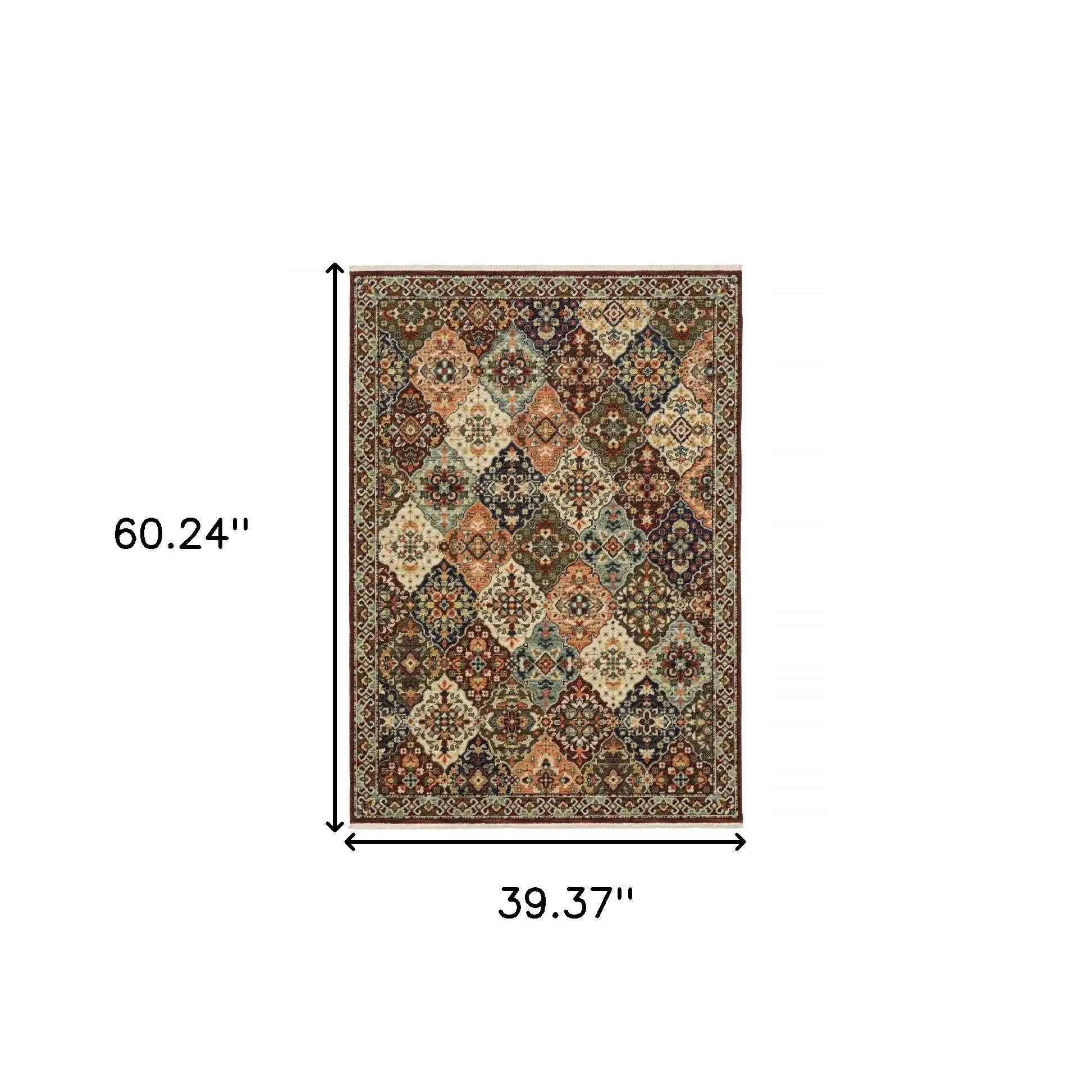 3' X 5' Red Rust Navy Light Blue Brown Orange Ivory And Gold Oriental Power Loom Stain Resistant Area Rug With Fringe - Homeroots - Flyclothing LLC