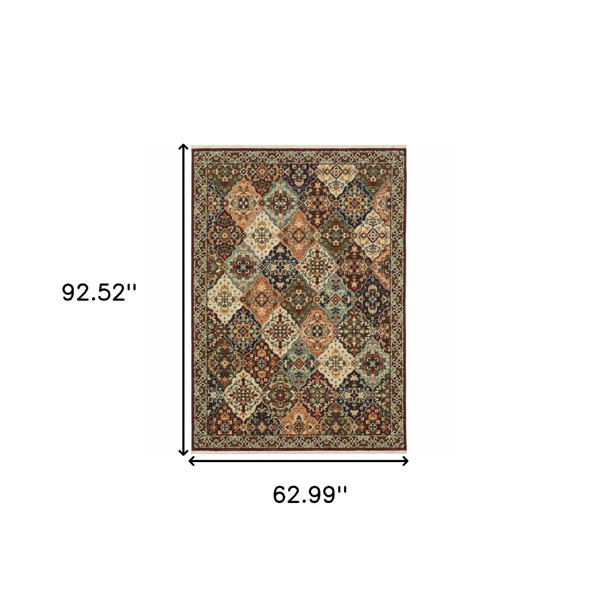 5' X 8' Red Rust Navy Light Blue Brown Orange Ivory And Gold Oriental Power Loom Stain Resistant Area Rug With Fringe - Homeroots - Flyclothing LLC