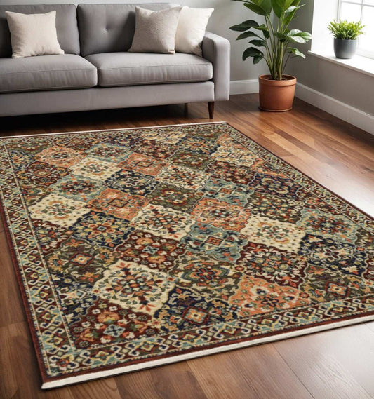 5' X 8' Red Rust Navy Light Blue Brown Orange Ivory And Gold Oriental Power Loom Stain Resistant Area Rug With Fringe - Homeroots - Flyclothing LLC