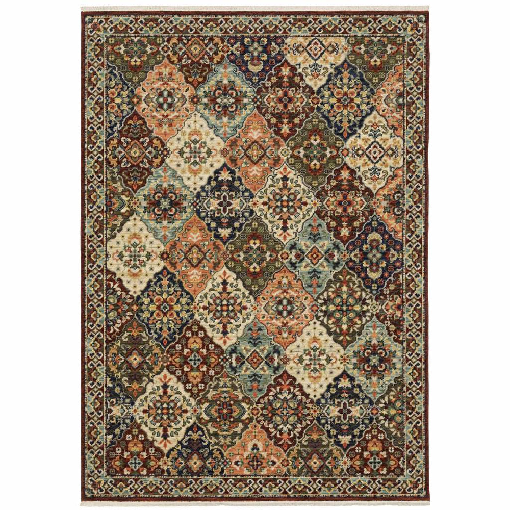 5' X 8' Red Rust Navy Light Blue Brown Orange Ivory And Gold Oriental Power Loom Stain Resistant Area Rug With Fringe - Homeroots - Flyclothing LLC