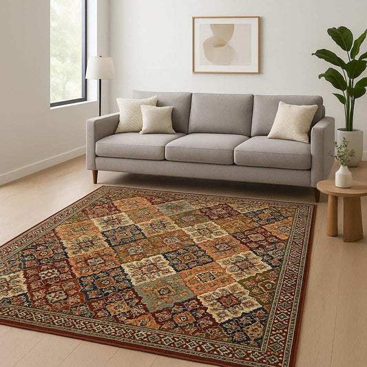 6' X 9' Red Rust Navy Light Blue Brown Orange Ivory And Gold Oriental Power Loom Stain Resistant Area Rug With Fringe - Homeroots - Flyclothing LLC