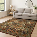 8' X 11' Red Rust Navy Light Blue Brown Orange Ivory And Gold Oriental Power Loom Stain Resistant Area Rug With Fringe - Homeroots - Flyclothing LLC