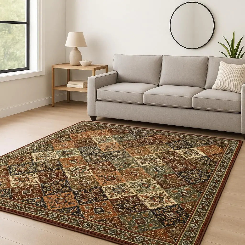 8' X 11' Red Rust Navy Light Blue Brown Orange Ivory And Gold Oriental Power Loom Stain Resistant Area Rug With Fringe - Homeroots - Flyclothing LLC