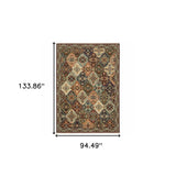 8' X 11' Red Rust Navy Light Blue Brown Orange Ivory And Gold Oriental Power Loom Stain Resistant Area Rug With Fringe - Homeroots - Flyclothing LLC