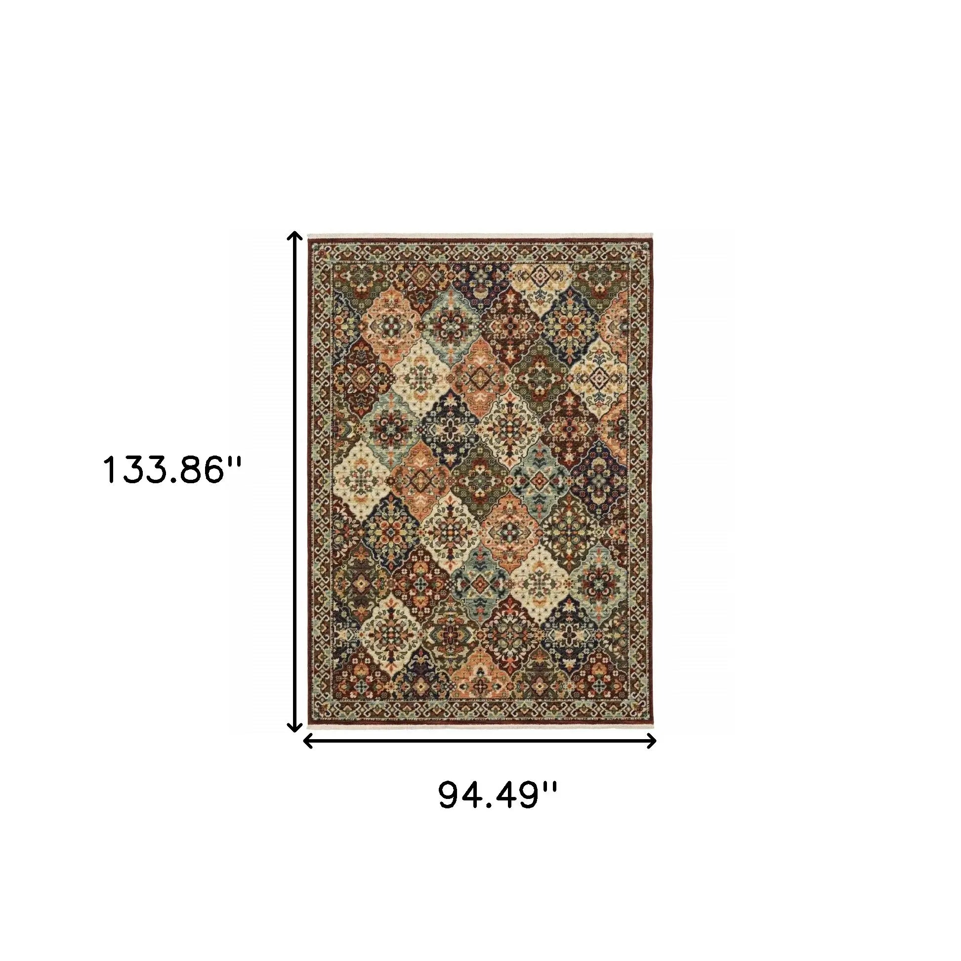 8' X 11' Red Rust Navy Light Blue Brown Orange Ivory And Gold Oriental Power Loom Stain Resistant Area Rug With Fringe - Homeroots - Flyclothing LLC