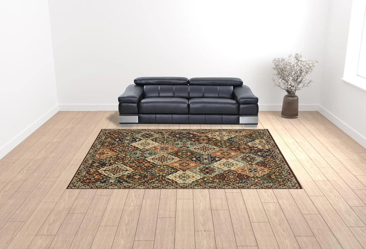 10' X 13' Red Rust Navy Light Blue Brown Orange Ivory And Gold Oriental Power Loom Stain Resistant Area Rug With Fringe - Homeroots - Flyclothing LLC