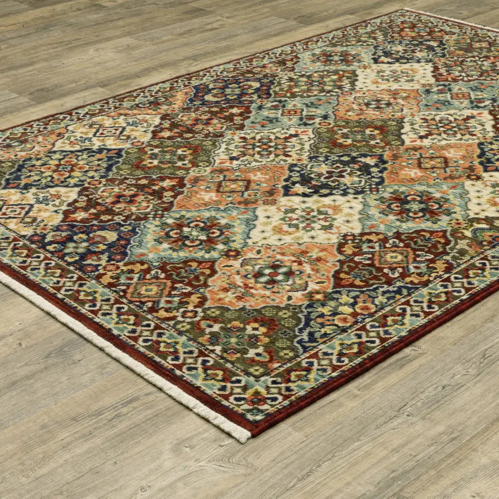 10' X 13' Red Rust Navy Light Blue Brown Orange Ivory And Gold Oriental Power Loom Stain Resistant Area Rug With Fringe - Homeroots - Flyclothing LLC