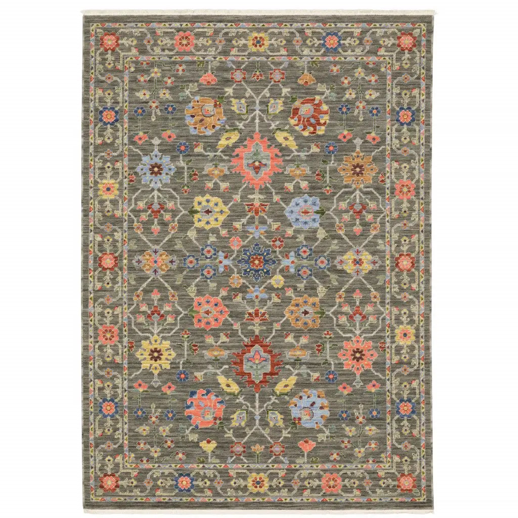 2' X 6' Grey Salmon Pink Gold Blue Rust Deep Blue Ivory And Green Oriental Power Loom Stain Resistant Runner Rug With Fringe - Homeroots - Flyclothing LLC