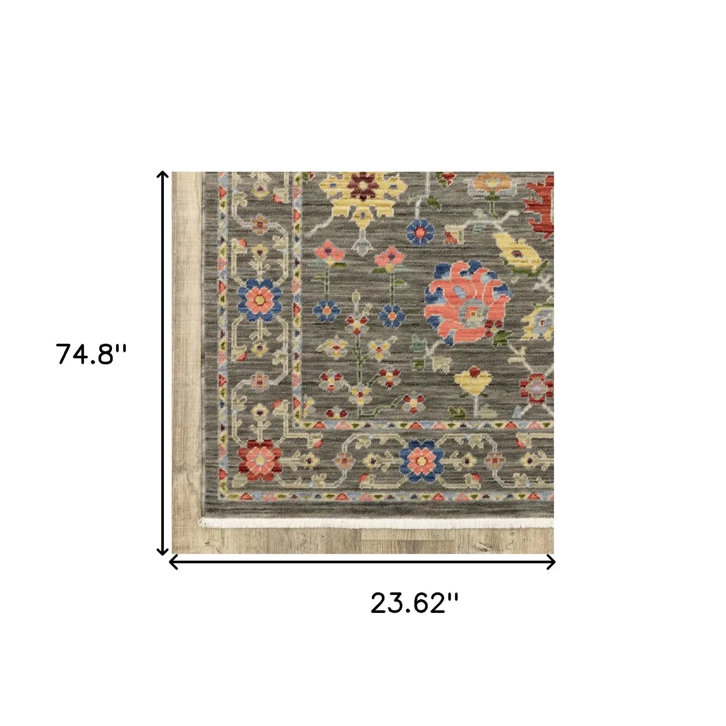 2' X 6' Grey Salmon Pink Gold Blue Rust Deep Blue Ivory And Green Oriental Power Loom Stain Resistant Runner Rug With Fringe - Homeroots - Flyclothing LLC