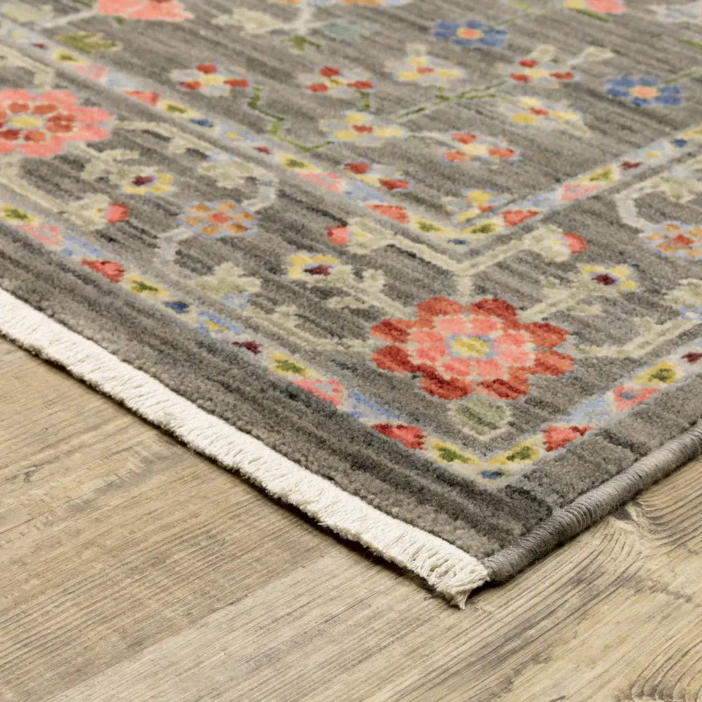 2' X 6' Grey Salmon Pink Gold Blue Rust Deep Blue Ivory And Green Oriental Power Loom Stain Resistant Runner Rug With Fringe - Homeroots - Flyclothing LLC