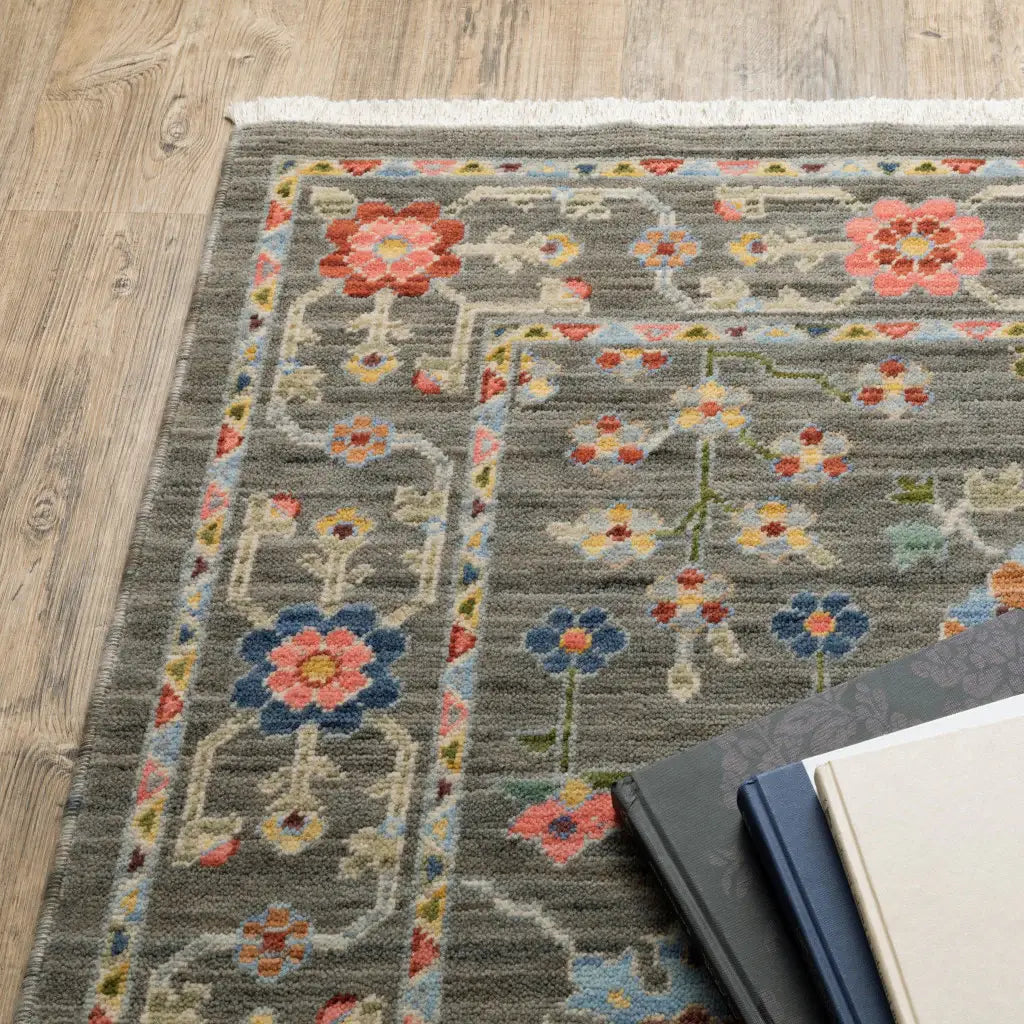 2' X 6' Grey Salmon Pink Gold Blue Rust Deep Blue Ivory And Green Oriental Power Loom Stain Resistant Runner Rug With Fringe - Homeroots - Flyclothing LLC