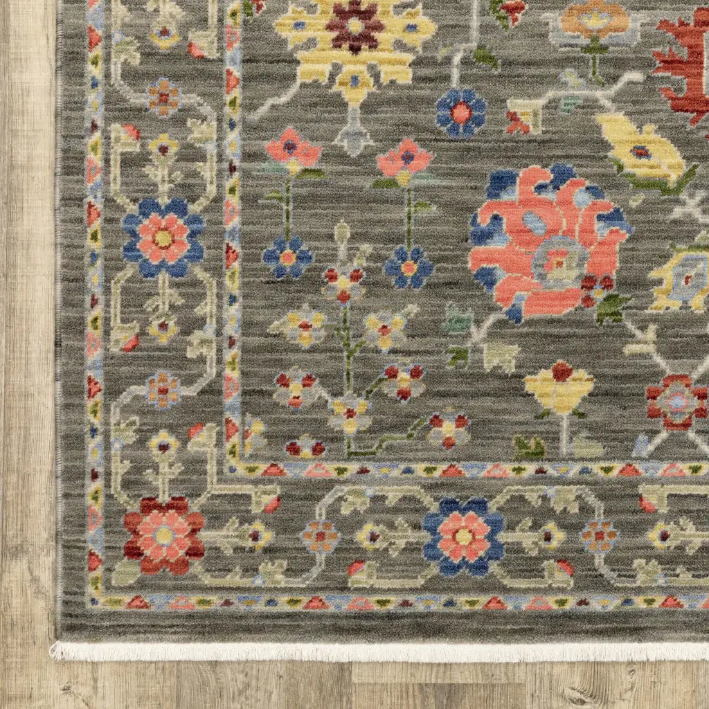 2' X 6' Grey Salmon Pink Gold Blue Rust Deep Blue Ivory And Green Oriental Power Loom Stain Resistant Runner Rug With Fringe - Homeroots - Flyclothing LLC