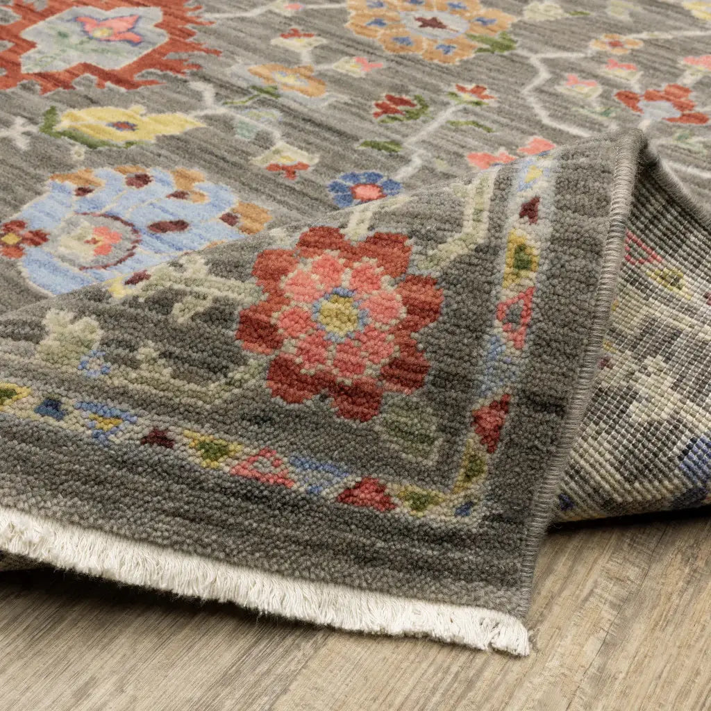 2' X 6' Grey Salmon Pink Gold Blue Rust Deep Blue Ivory And Green Oriental Power Loom Stain Resistant Runner Rug With Fringe - Homeroots - Flyclothing LLC