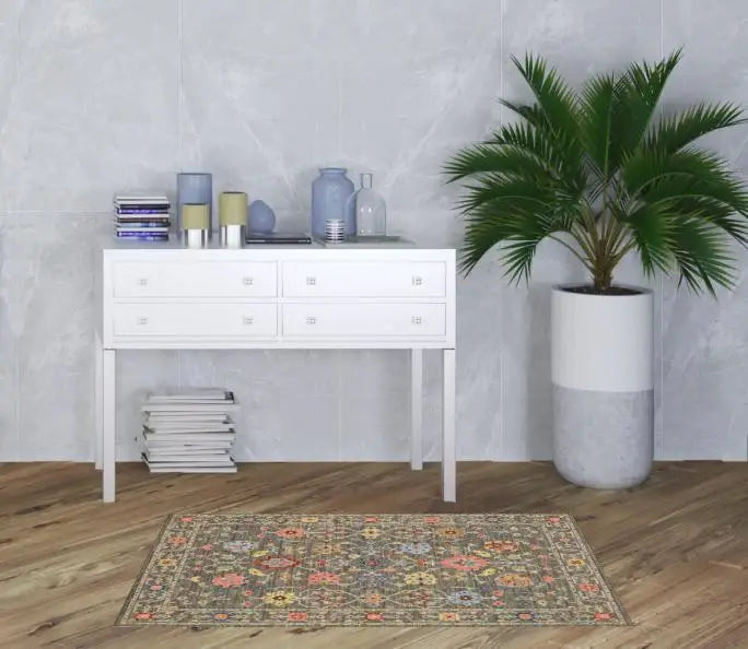 3' X 5' Grey Salmon Pink Gold Blue Rust Deep Blue Ivory And Green Oriental Power Loom Stain Resistant Area Rug With Fringe - Homeroots - Flyclothing LLC