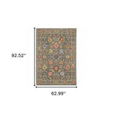 5' X 8' Grey Salmon Pink Gold Blue Rust Deep Blue Ivory And Green Oriental Power Loom Stain Resistant Area Rug With Fringe - Homeroots - Flyclothing LLC