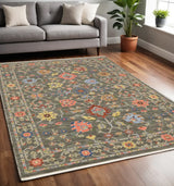 5' X 8' Grey Salmon Pink Gold Blue Rust Deep Blue Ivory And Green Oriental Power Loom Stain Resistant Area Rug With Fringe - Homeroots - Flyclothing LLC