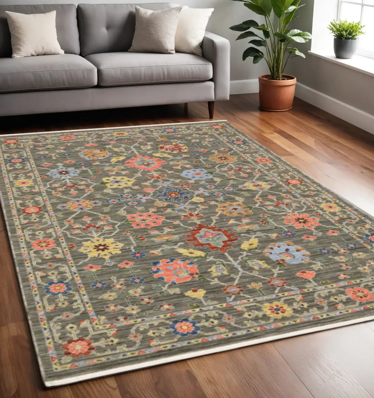 5' X 8' Grey Salmon Pink Gold Blue Rust Deep Blue Ivory And Green Oriental Power Loom Stain Resistant Area Rug With Fringe - Homeroots - Flyclothing LLC