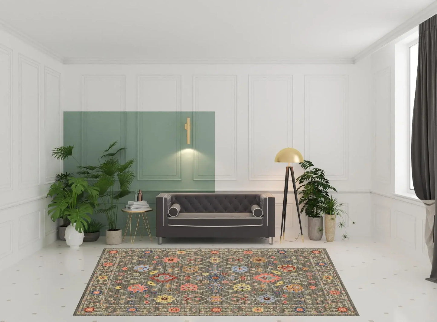 8' X 11' Grey Salmon Pink Gold Blue Rust Deep Blue Ivory And Green Oriental Power Loom Stain Resistant Area Rug With Fringe - Homeroots - Flyclothing LLC