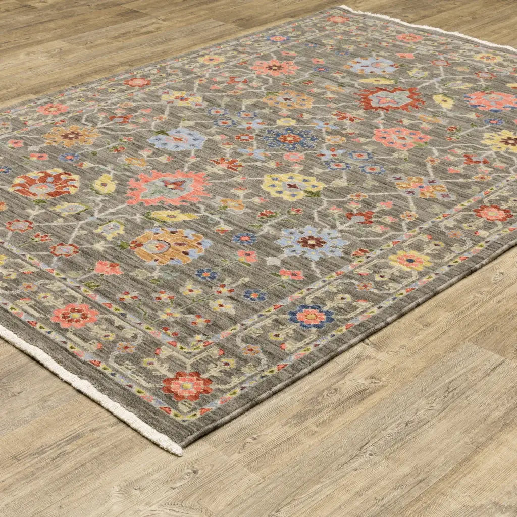 10' X 13' Grey Salmon Pink Gold Blue Rust Deep Blue Ivory And Green Oriental Power Loom Stain Resistant Area Rug With Fringe - Homeroots - Flyclothing LLC