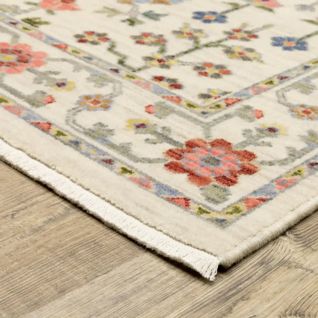 2' X 6' Ivory Salmon Pink Gold Blues Grey Rust And Green Oriental Power Loom Stain Resistant Runner Rug With Fringe - Homeroots - Flyclothing LLC