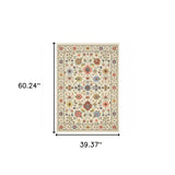 3' X 5' Ivory Salmon Pink Gold Blues Grey Rust And Green Oriental Power Loom Stain Resistant Area Rug With Fringe - Homeroots - Flyclothing LLC