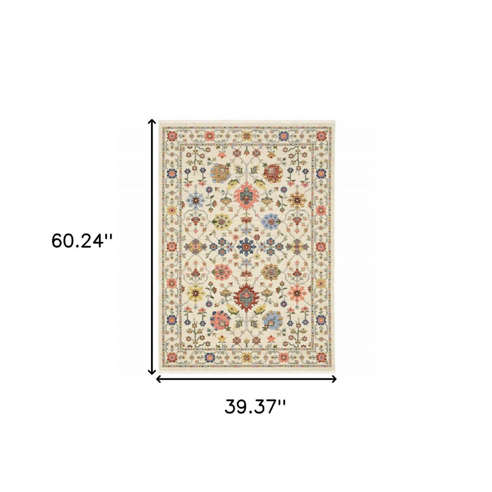 3' X 5' Ivory Salmon Pink Gold Blues Grey Rust And Green Oriental Power Loom Stain Resistant Area Rug With Fringe - Homeroots - Flyclothing LLC