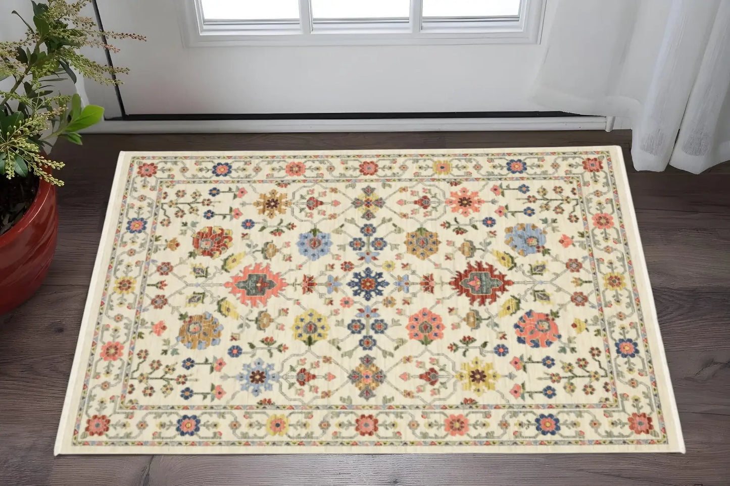 3' X 5' Ivory Salmon Pink Gold Blues Grey Rust And Green Oriental Power Loom Stain Resistant Area Rug With Fringe - Homeroots - Flyclothing LLC
