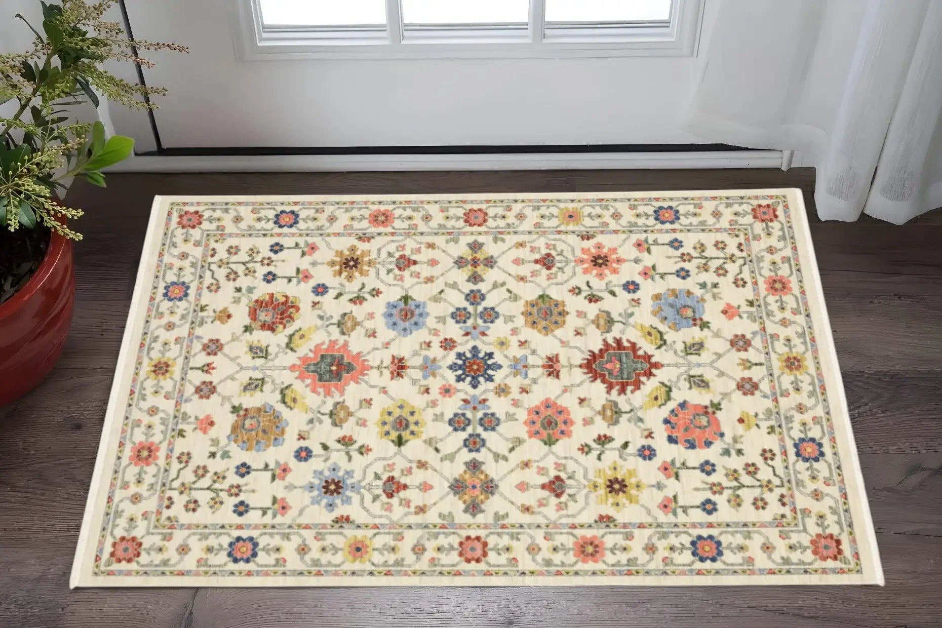 3' X 5' Ivory Salmon Pink Gold Blues Grey Rust And Green Oriental Power Loom Stain Resistant Area Rug With Fringe - Homeroots - Flyclothing LLC