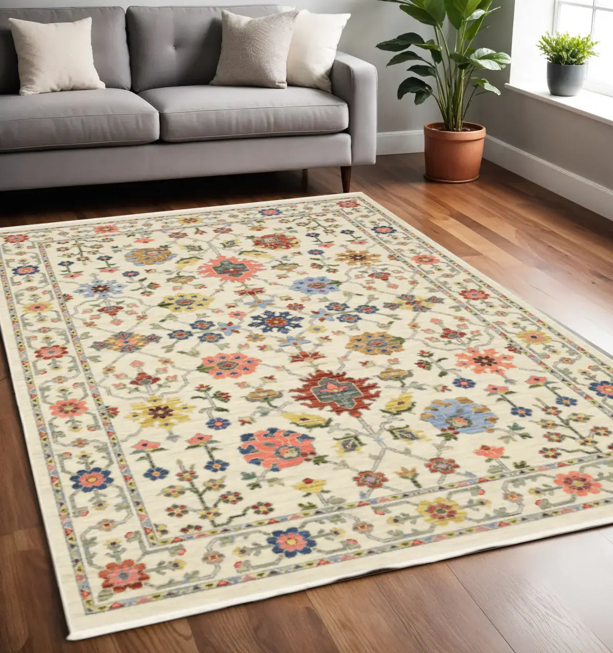5' X 8' Ivory Salmon Pink Gold Blues Grey Rust And Green Oriental Power Loom Stain Resistant Area Rug With Fringe - Homeroots - Flyclothing LLC