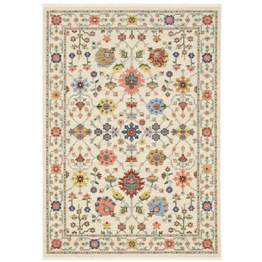 5' X 8' Ivory Salmon Pink Gold Blues Grey Rust And Green Oriental Power Loom Stain Resistant Area Rug With Fringe - Homeroots - Flyclothing LLC