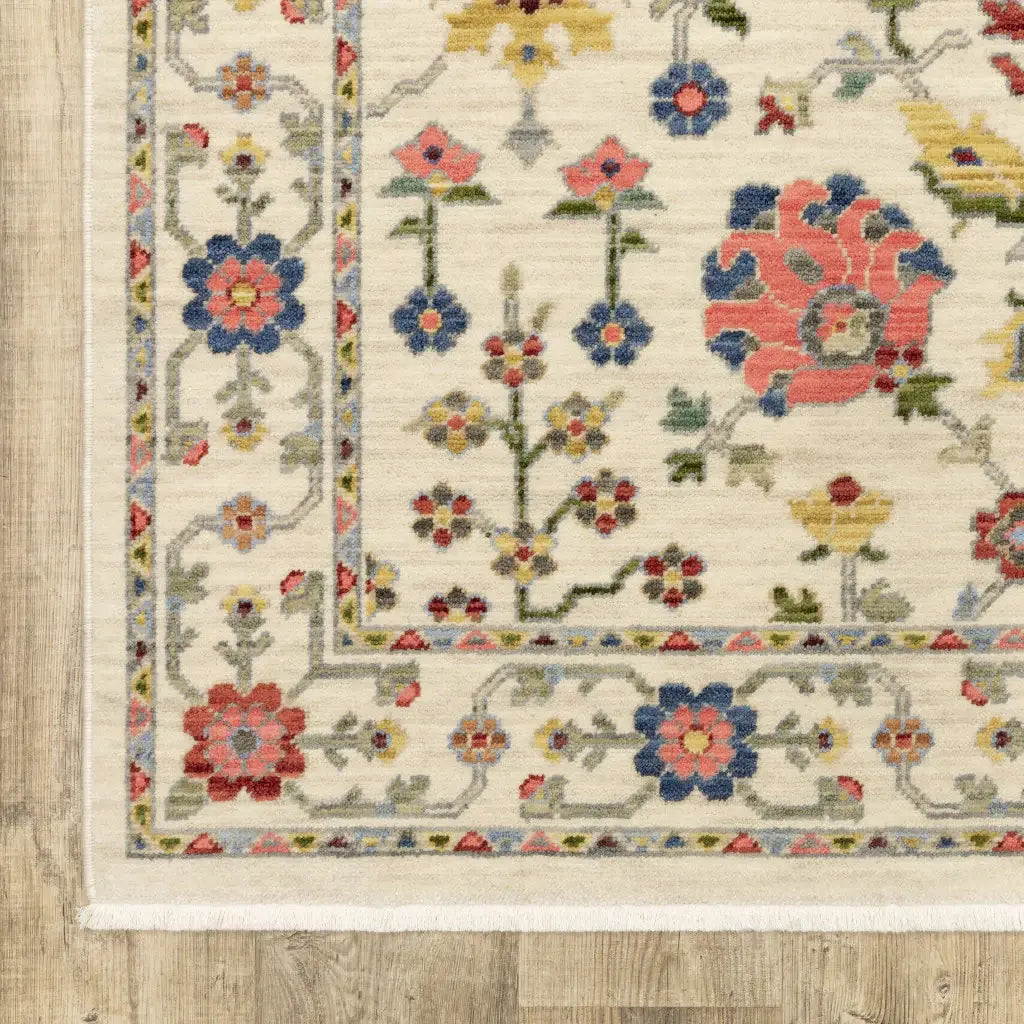 5' X 8' Ivory Salmon Pink Gold Blues Grey Rust And Green Oriental Power Loom Stain Resistant Area Rug With Fringe - Homeroots - Flyclothing LLC