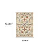 8' X 11' Ivory Salmon Pink Gold Blues Grey Rust And Green Oriental Power Loom Stain Resistant Area Rug With Fringe - Homeroots - Flyclothing LLC