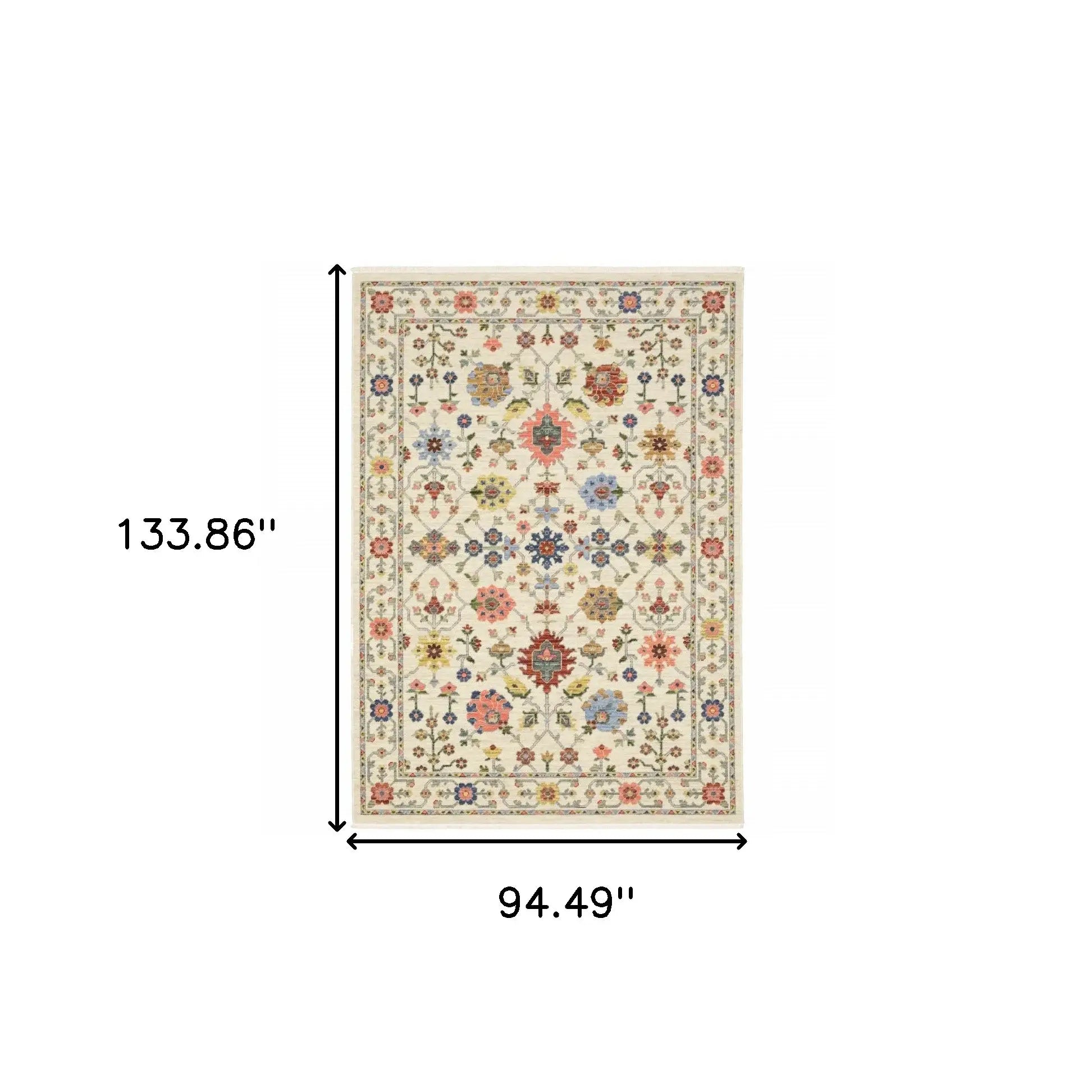 8' X 11' Ivory Salmon Pink Gold Blues Grey Rust And Green Oriental Power Loom Stain Resistant Area Rug With Fringe - Homeroots - Flyclothing LLC