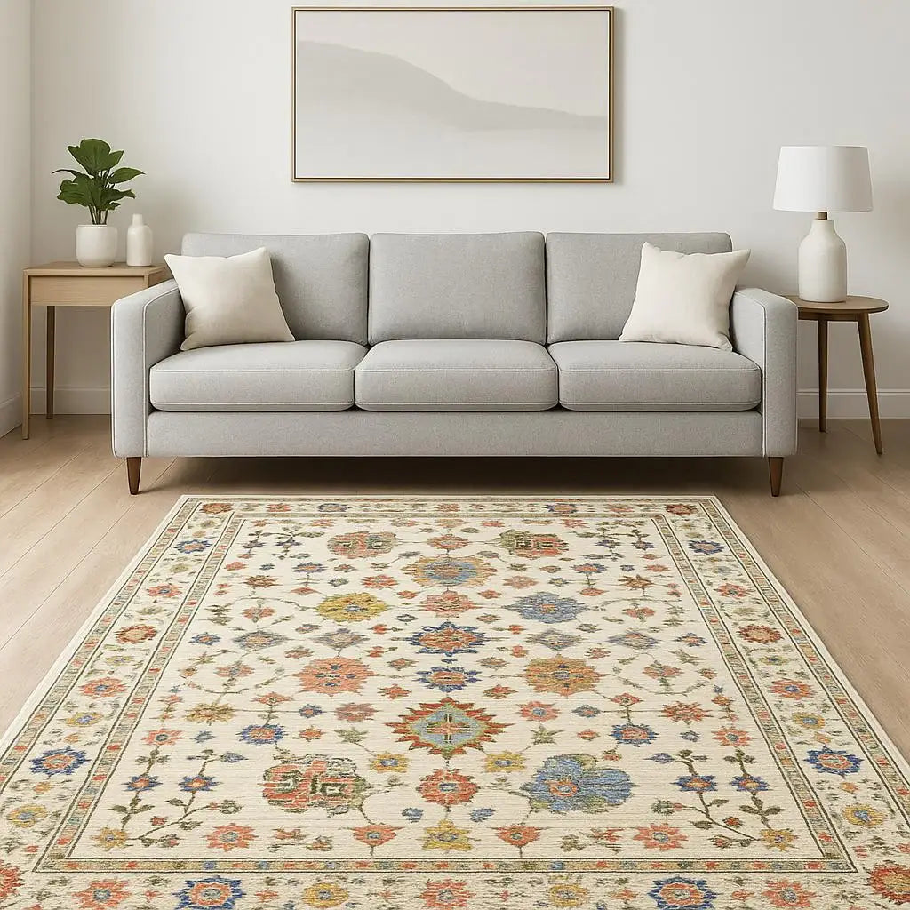 8' X 11' Ivory Salmon Pink Gold Blues Grey Rust And Green Oriental Power Loom Stain Resistant Area Rug With Fringe - Homeroots - Flyclothing LLC