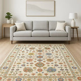 8' X 11' Ivory Salmon Pink Gold Blues Grey Rust And Green Oriental Power Loom Stain Resistant Area Rug With Fringe - Homeroots - Flyclothing LLC