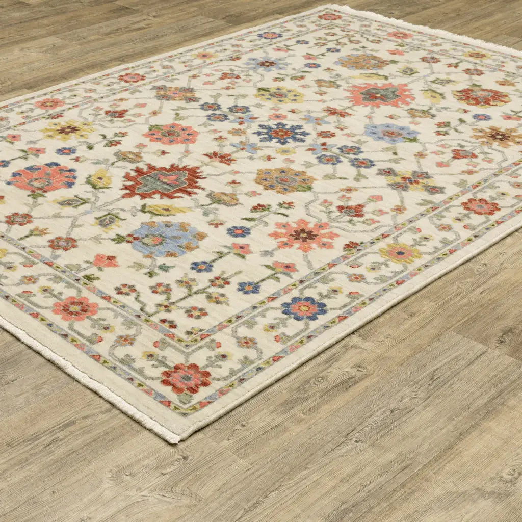 10' X 13' Ivory Salmon Pink Gold Blues Grey Rust And Green Oriental Power Loom Stain Resistant Area Rug With Fringe - Homeroots - Flyclothing LLC