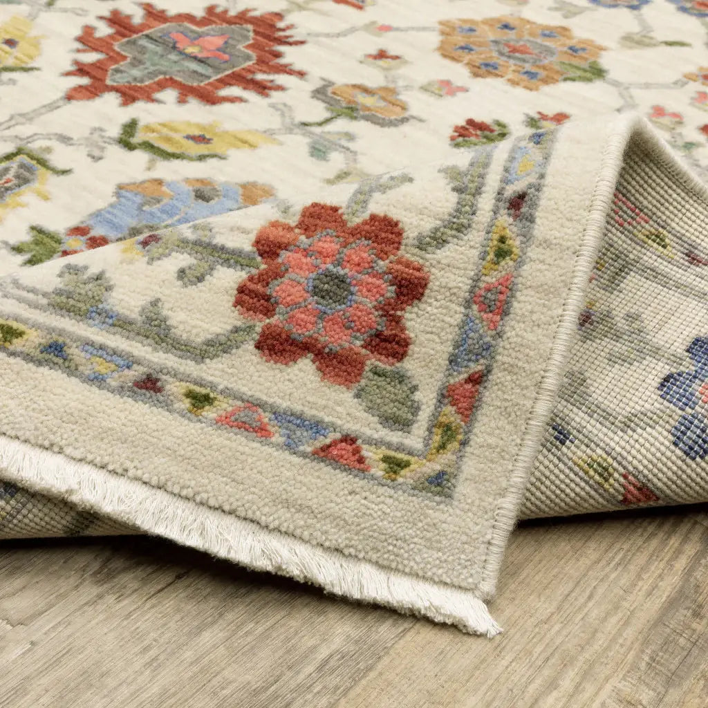10' X 13' Ivory Salmon Pink Gold Blues Grey Rust And Green Oriental Power Loom Stain Resistant Area Rug With Fringe - Homeroots - Flyclothing LLC