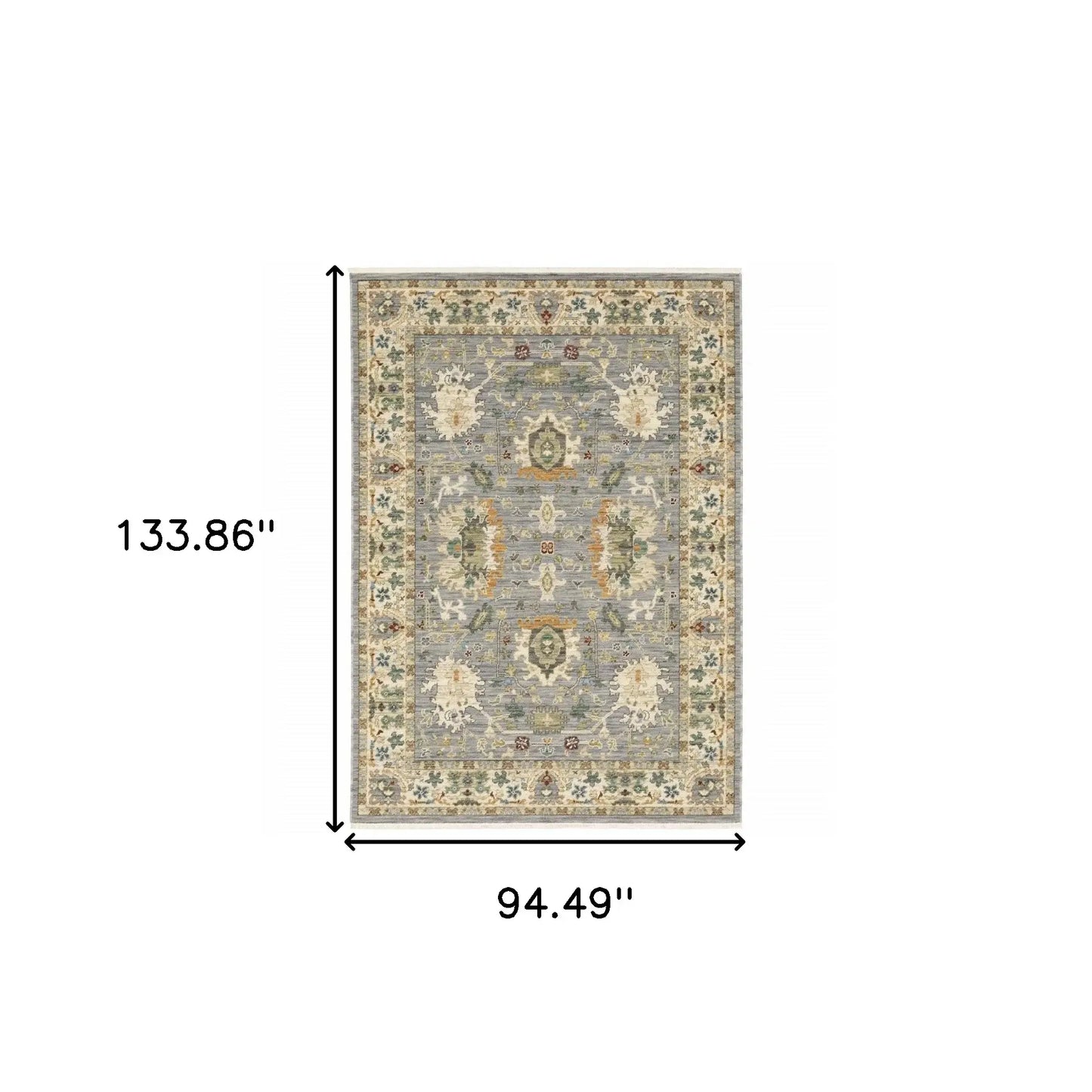 8' X 11' Grey Ivory Orange Teal Green Charcoal Blue And Red Oriental Power Loom Stain Resistant Area Rug With Fringe - Homeroots - Flyclothing LLC