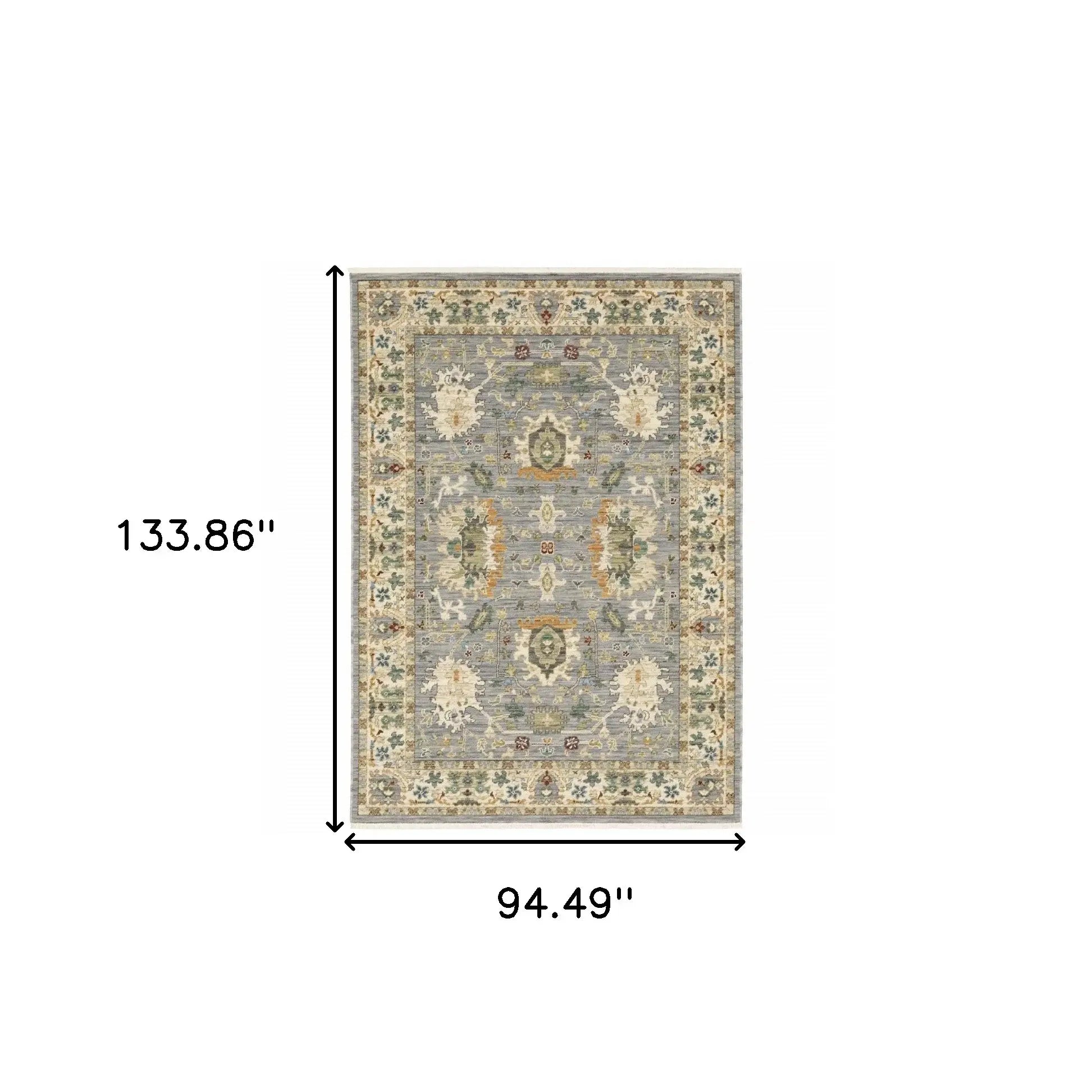 8' X 11' Grey Ivory Orange Teal Green Charcoal Blue And Red Oriental Power Loom Stain Resistant Area Rug With Fringe - Homeroots - Flyclothing LLC
