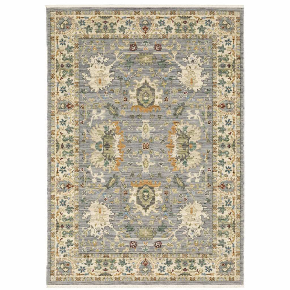 8' X 11' Grey Ivory Orange Teal Green Charcoal Blue And Red Oriental Power Loom Stain Resistant Area Rug With Fringe - Homeroots - Flyclothing LLC