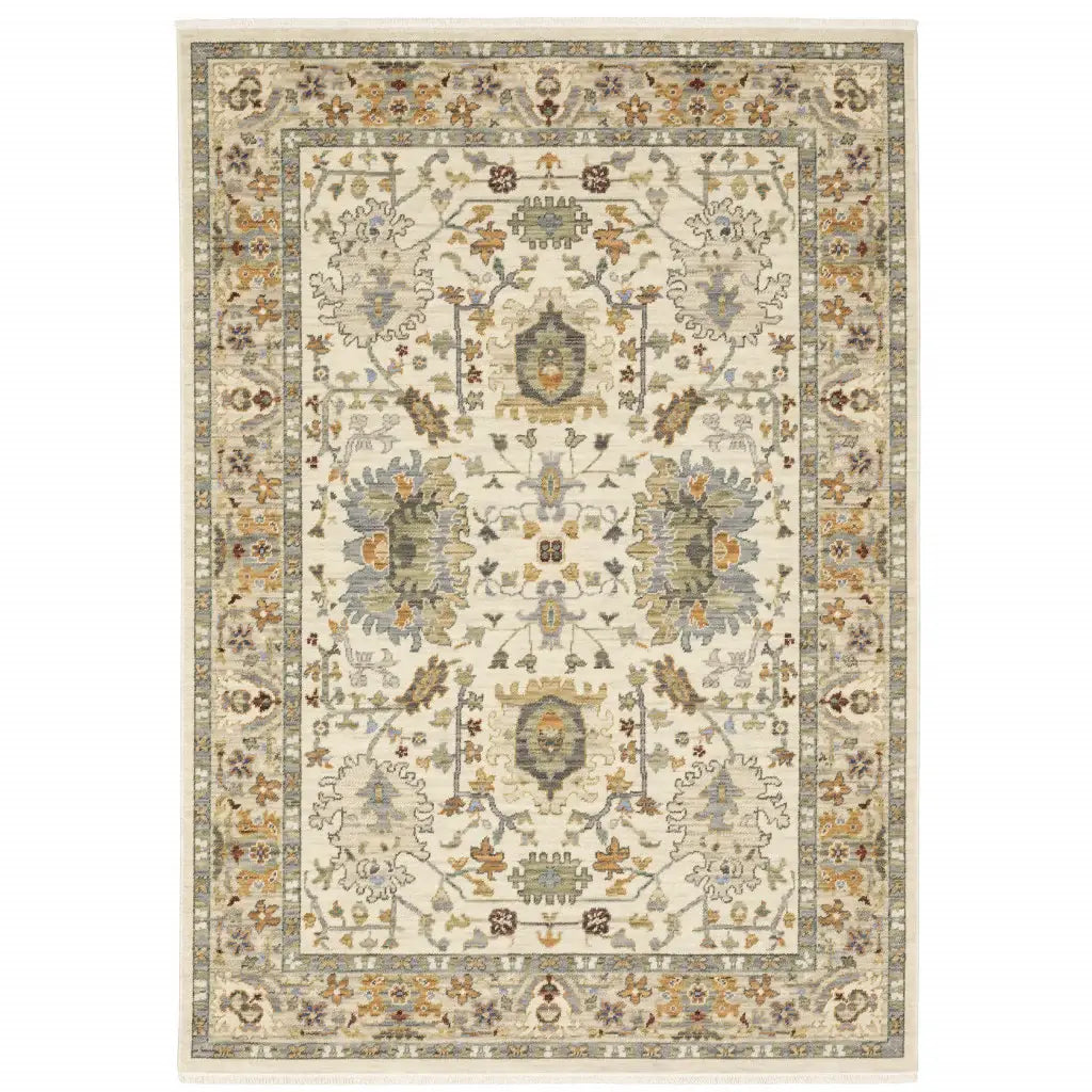 3' X 5' Ivory Grey Orange Green Blue And Red Oriental Power Loom Stain Resistant Area Rug With Fringe - Homeroots - Flyclothing LLC