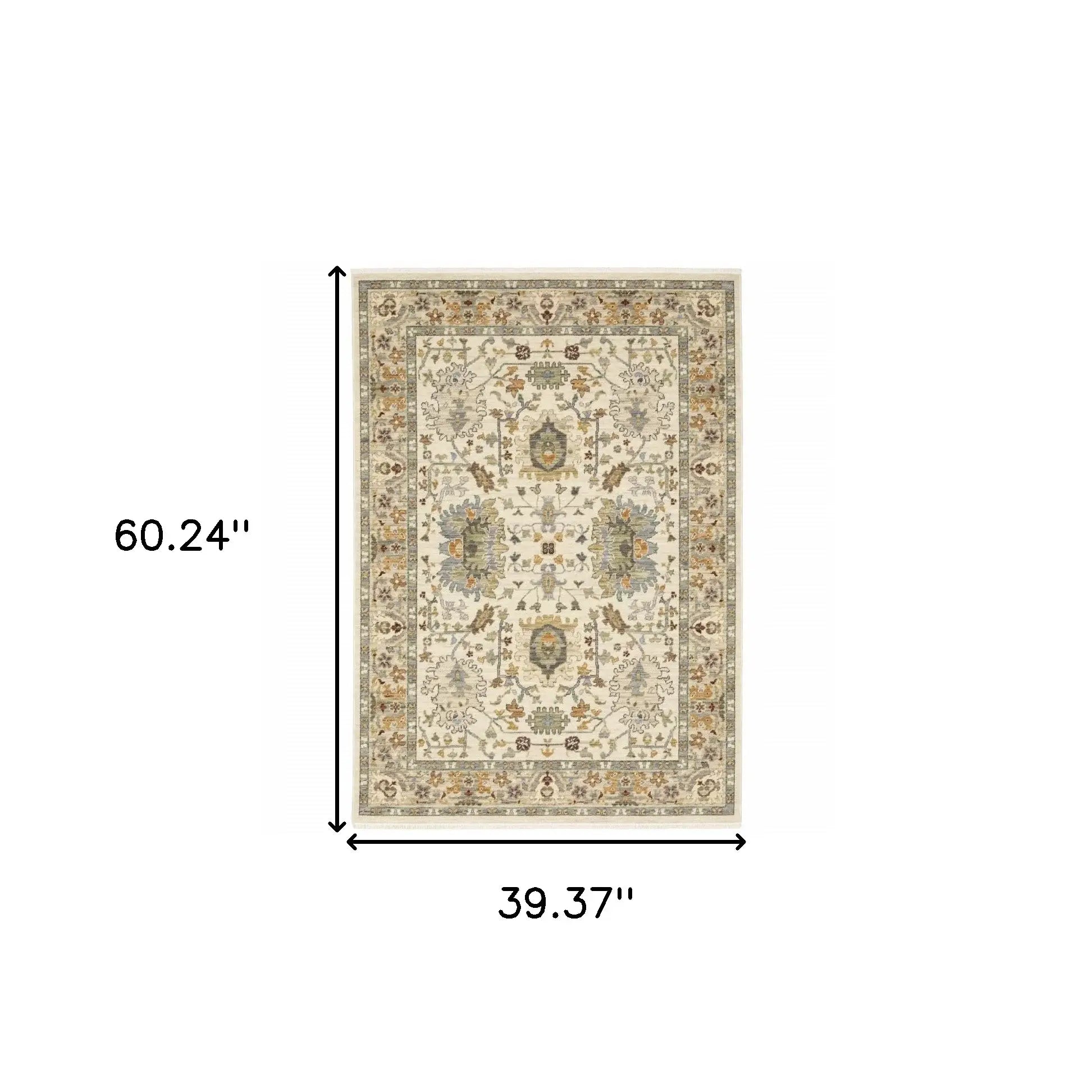 3' X 5' Ivory Grey Orange Green Blue And Red Oriental Power Loom Stain Resistant Area Rug With Fringe - Homeroots - Flyclothing LLC