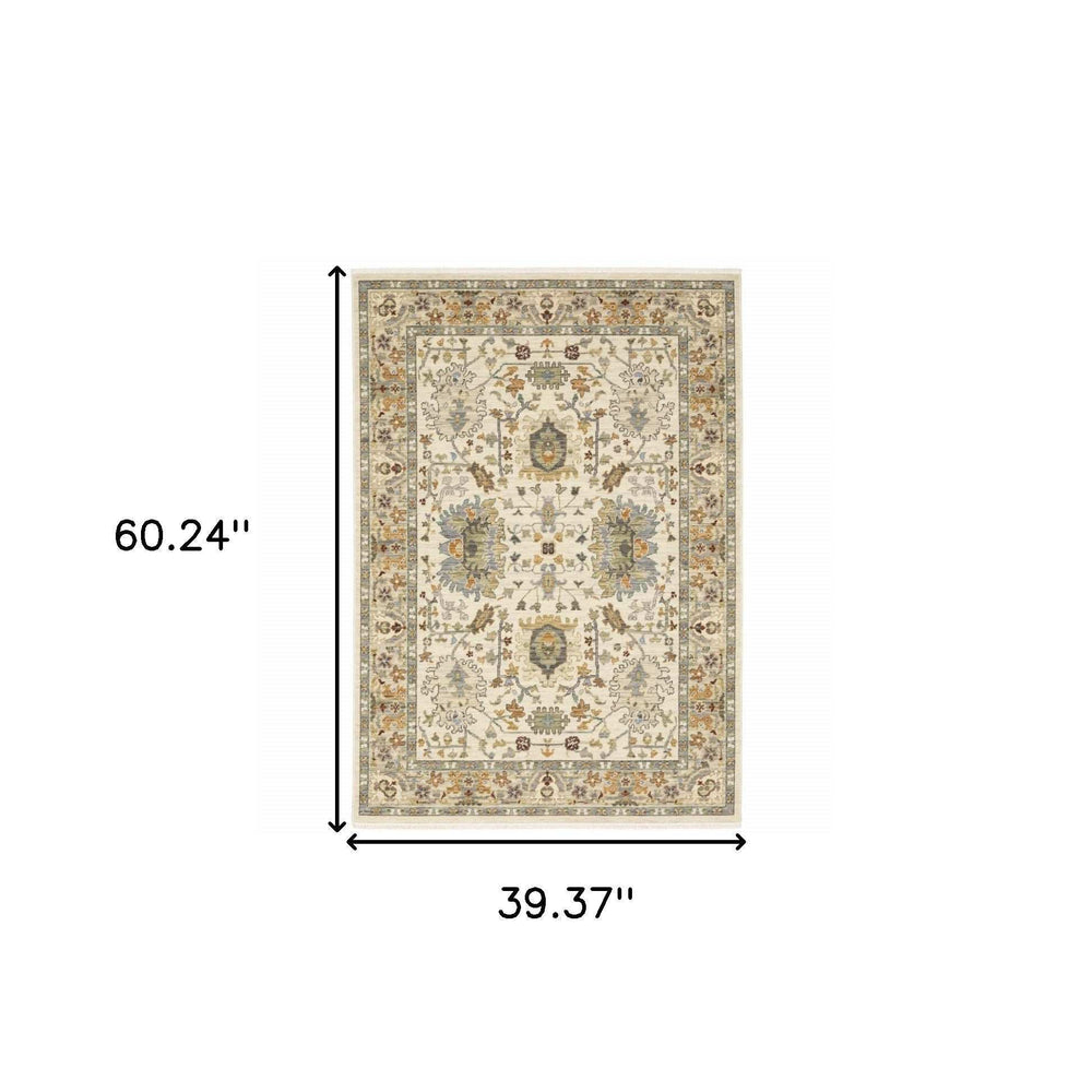 3' X 5' Ivory Grey Orange Green Blue And Red Oriental Power Loom Stain Resistant Area Rug With Fringe - Homeroots - Flyclothing LLC